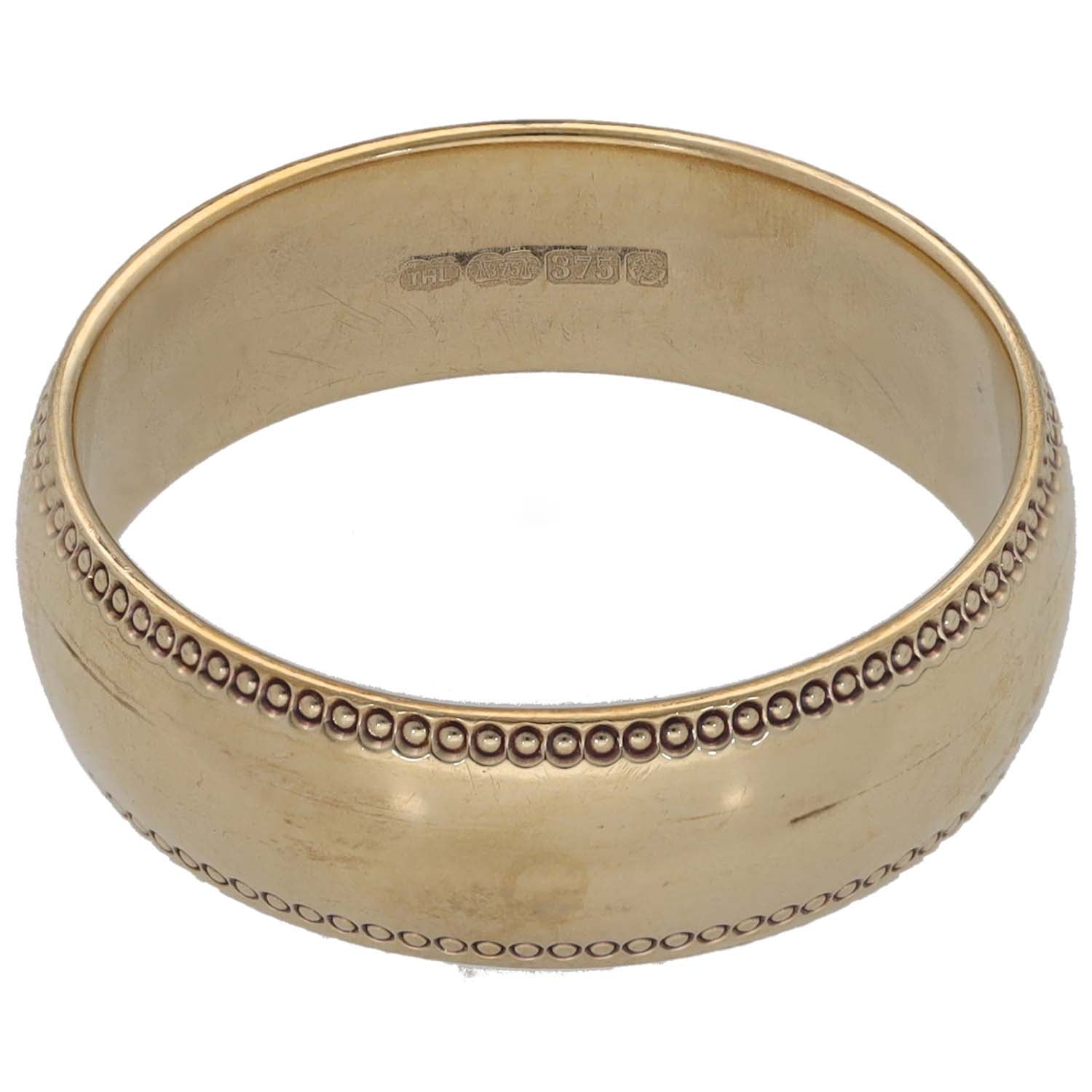 9ct gold wedding ring, band with repeating bead pattern and flat top