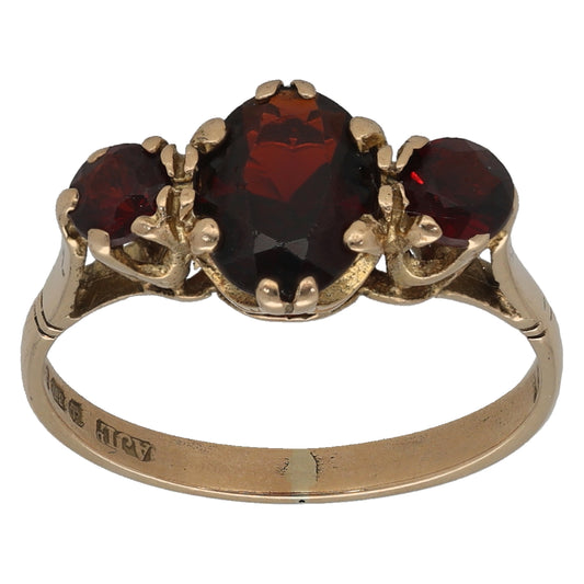 9ct Gold Garnet Trilogy Ring Size M