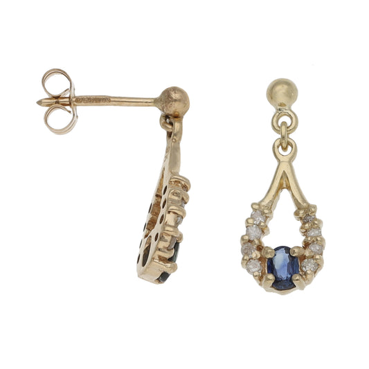 9ct Gold Sapphire & 0.16ct Diamond Drop Earrings