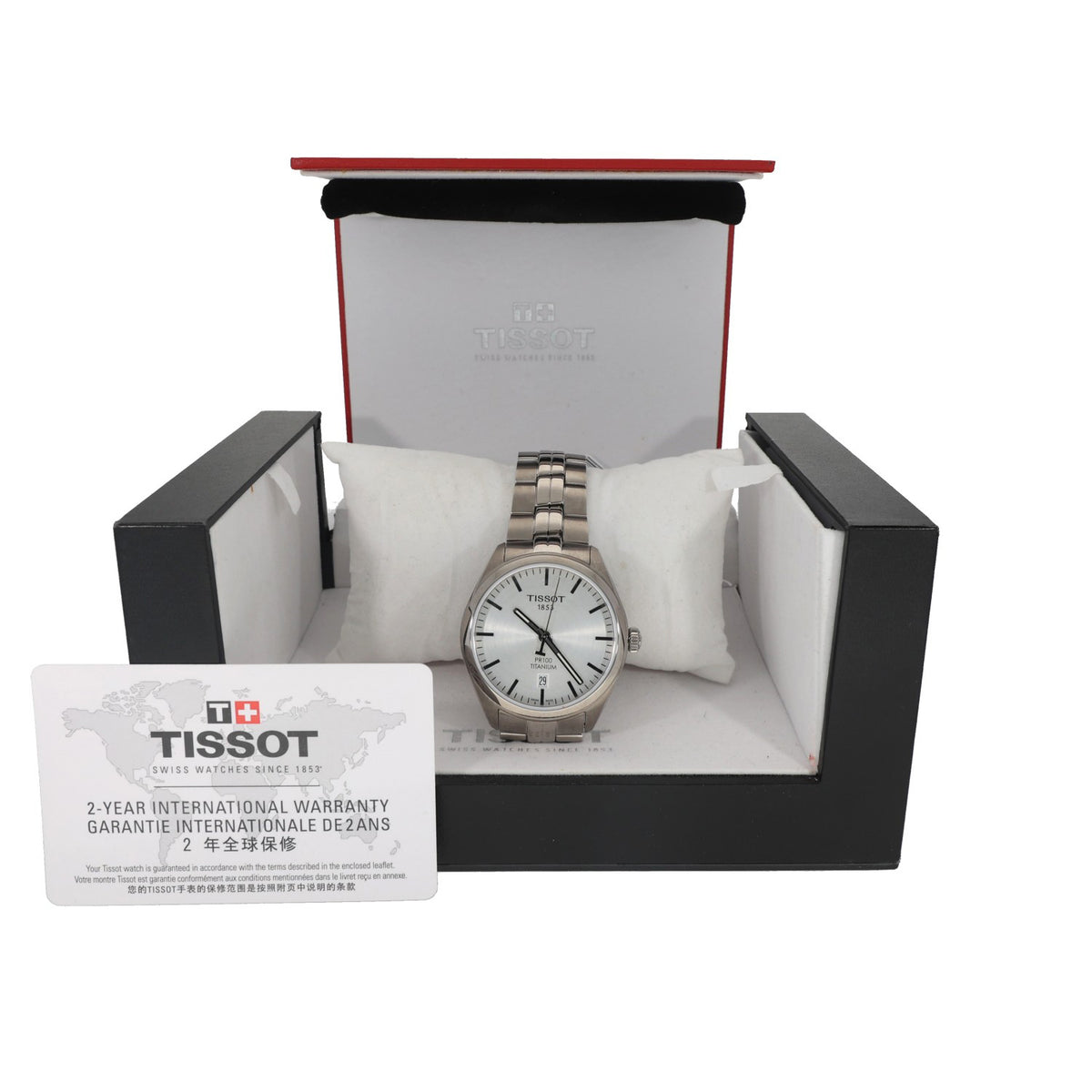 Tissot PR100 T101410A, silver dial inside tianium casing and bracelet, box image