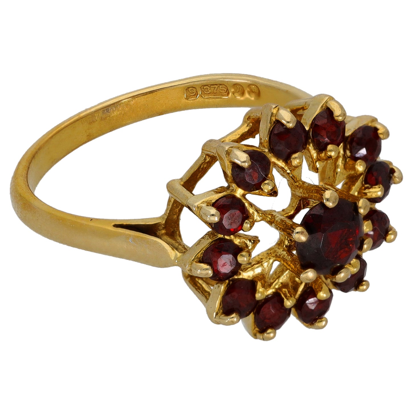 9ct gold garnet cocktail ring, side view with openwork metal and dark red stones