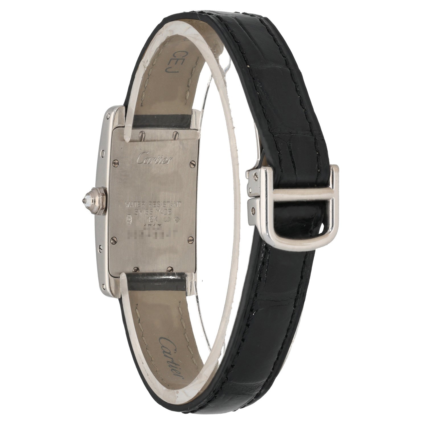 Cartier Tank Americaine WB701851, with a white gold case and clasp on an adjustable leather bracelet