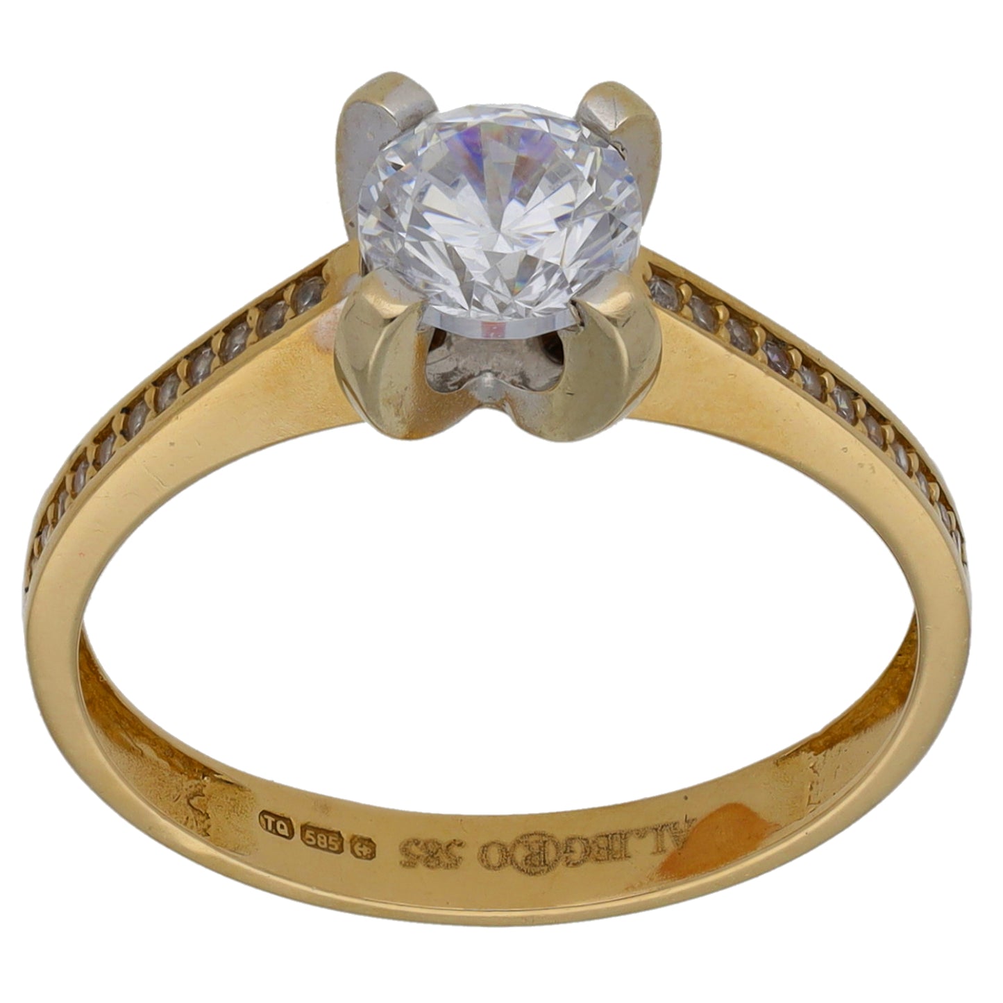 14ct Gold Cubic Zirconia Single Stone Ring with Accent Stones Size P