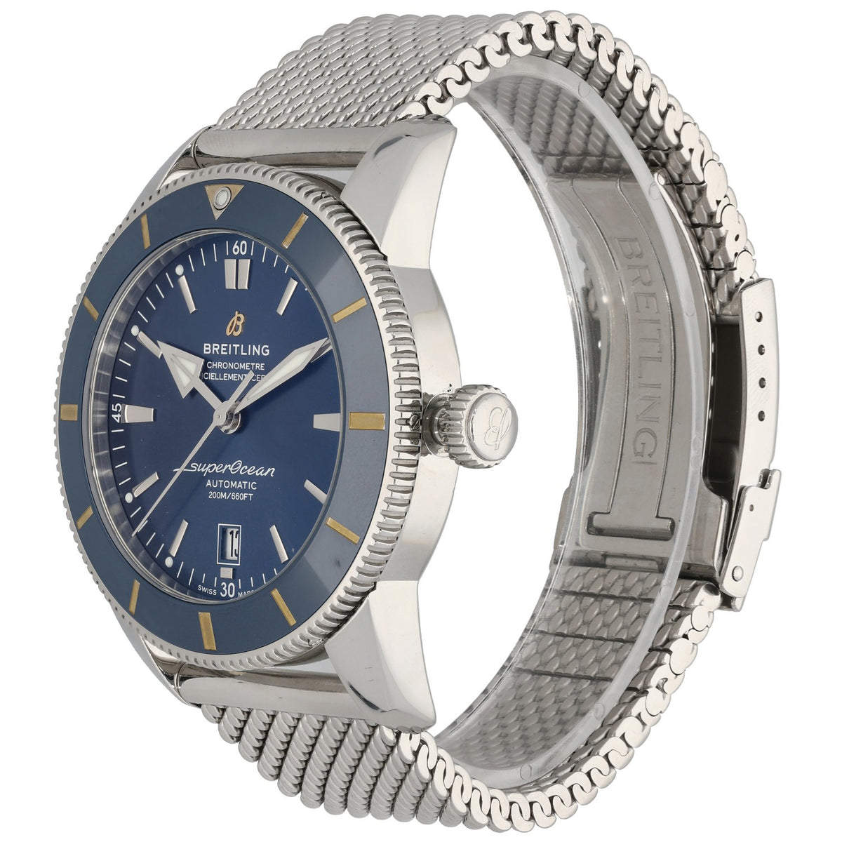 Breitling Superocean AB2020 Stainless steel diver watch with blue dial and metal mesh bracelet, side view