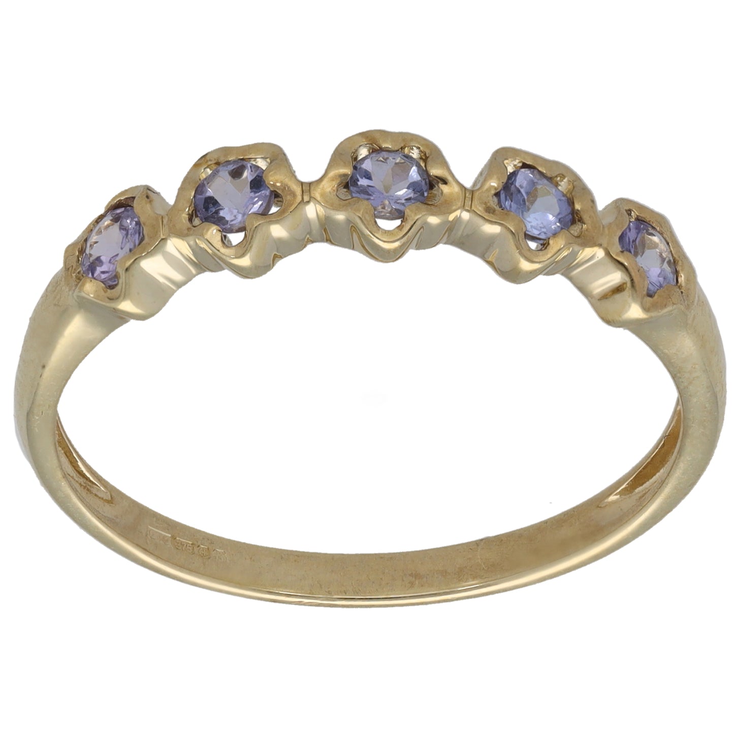 9ct gold half eternity ring with purple tanzanite-style stones, scalloped settings