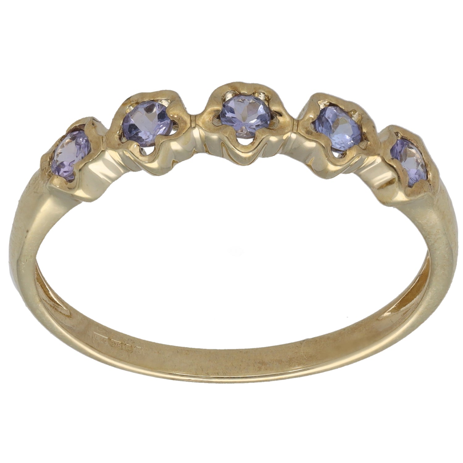 9ct gold half eternity ring with purple tanzanite-style stones, scalloped settings