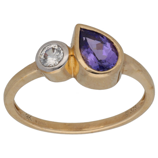 9ct Gold Zircon & Tanzanite Two Stone Ring Size N