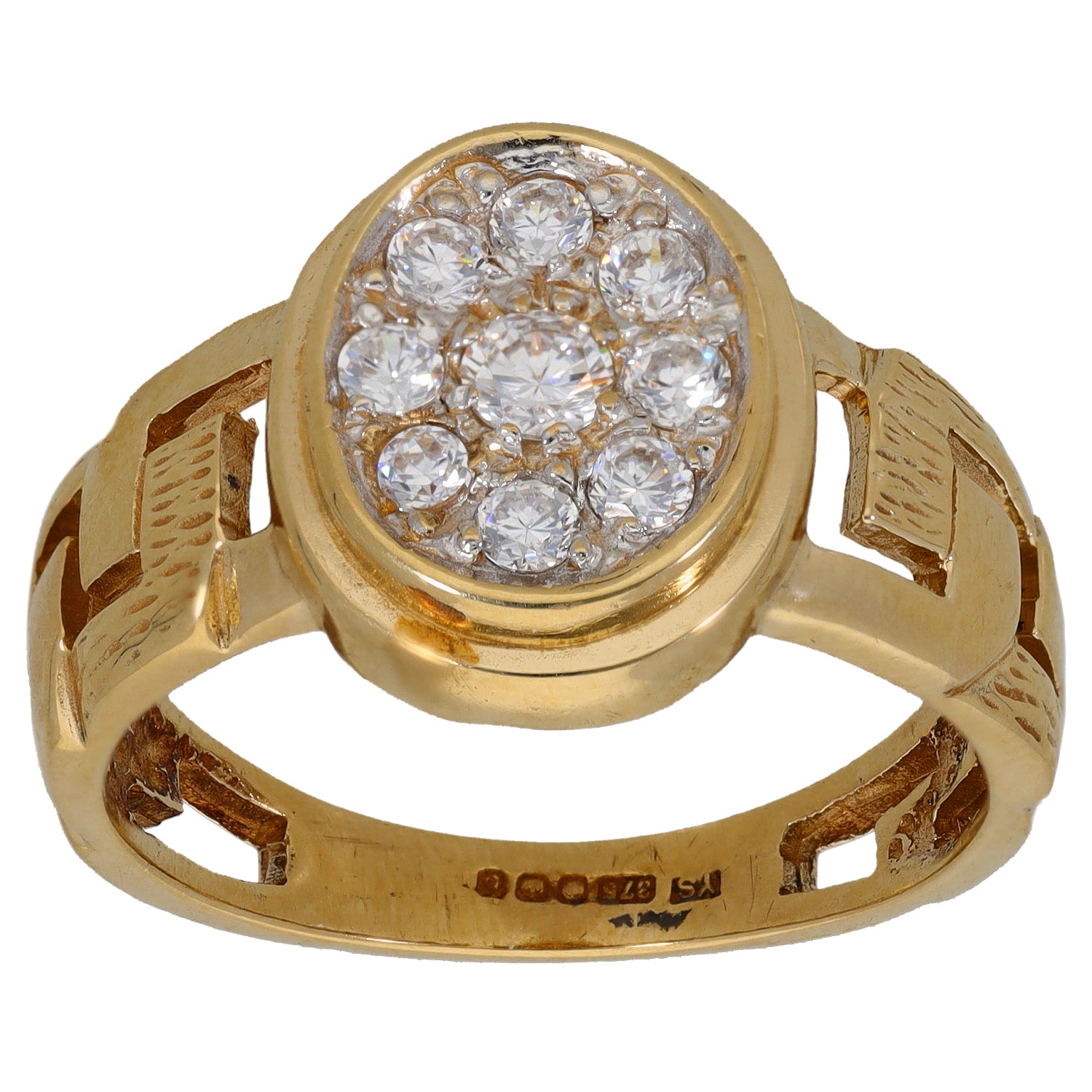 Gold signet ring with round CZ cluster top and patterned cutout band