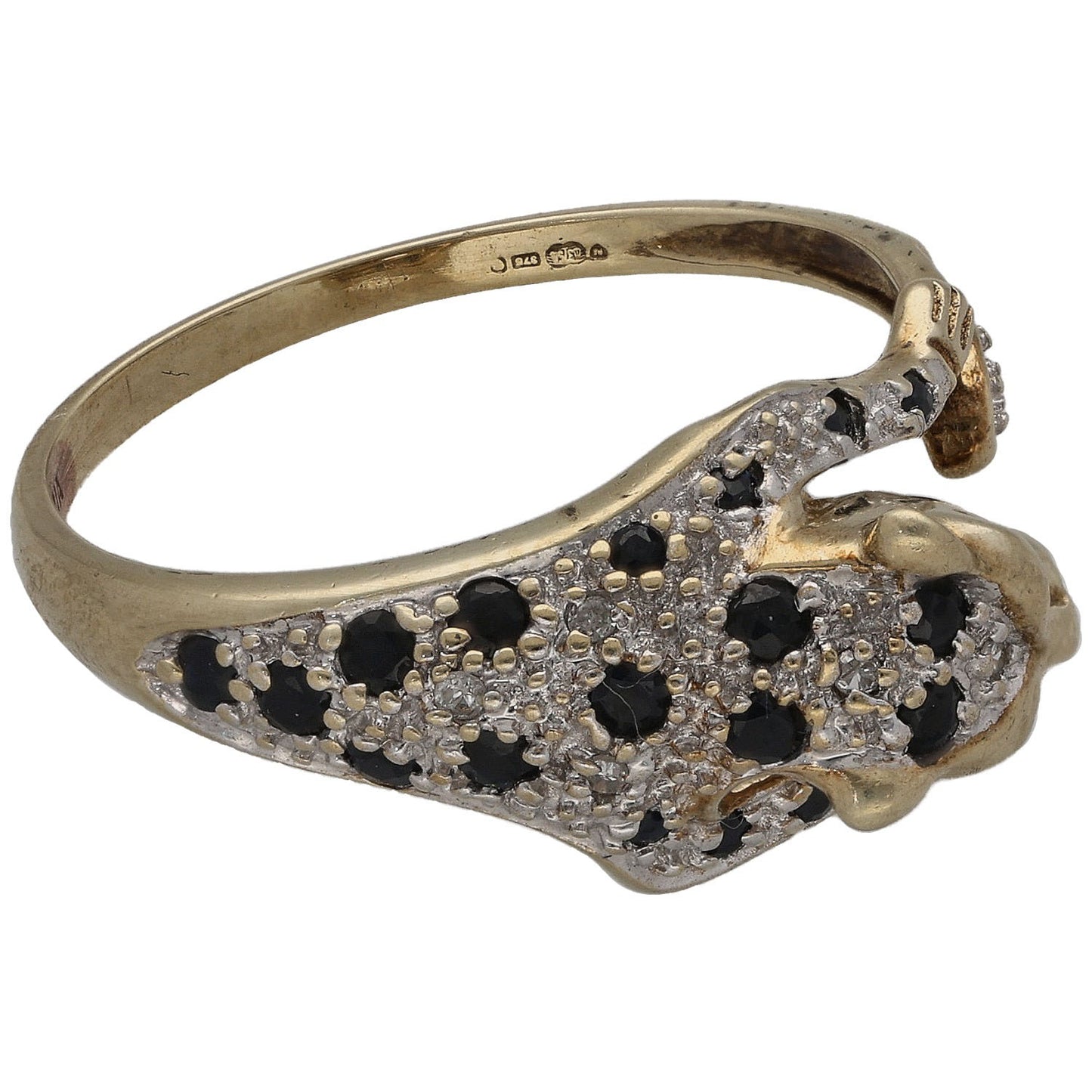 9ct Gold Sapphire & 0.035ct Diamond Panther Ring Size Q