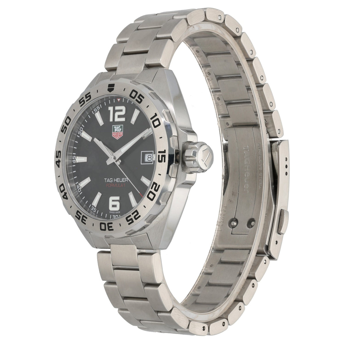 Tag Heuer Formula 1 WAZ1112, black dial on stainless steel case and bracelet, front angle image, crown angle image