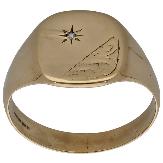 9ct Gold 0.005ct Diamond Patterned Single Stone Signet Ring Size V