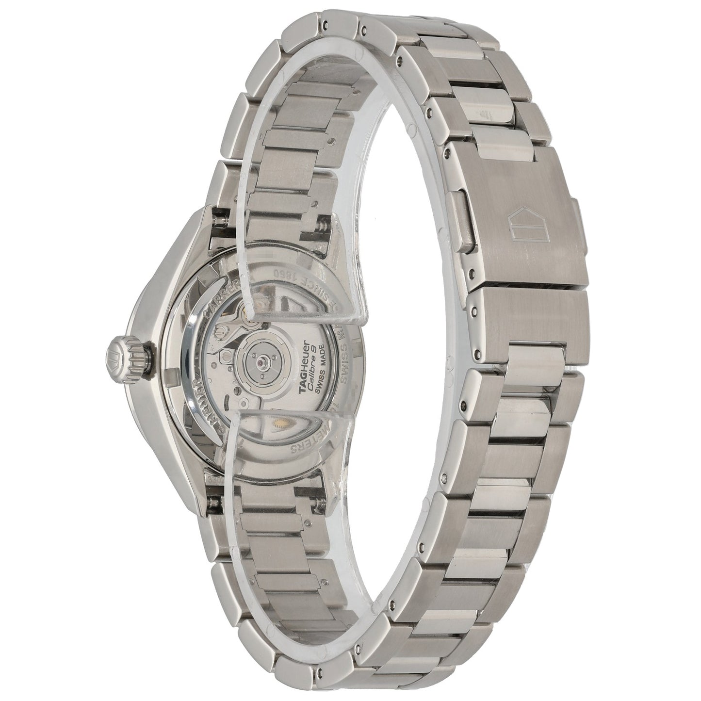 Stainless steel Tag Heuer Carrera WBN2413 automatic watch with visible caseback, linked bracelet
