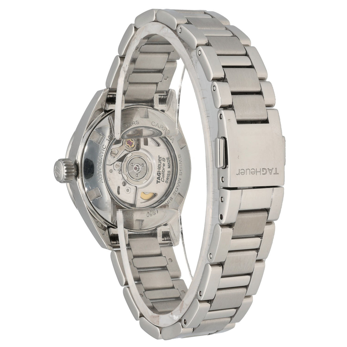 Tag Heuer Carrera WAR2411-3, with open caseback and stainless steel bracelet