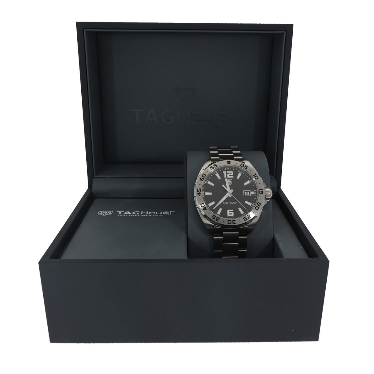 Tag Heuer Formula 1 WAZ1112, black dial on stainless steel case and bracelet, front angle image, in Tag Heuer box image
