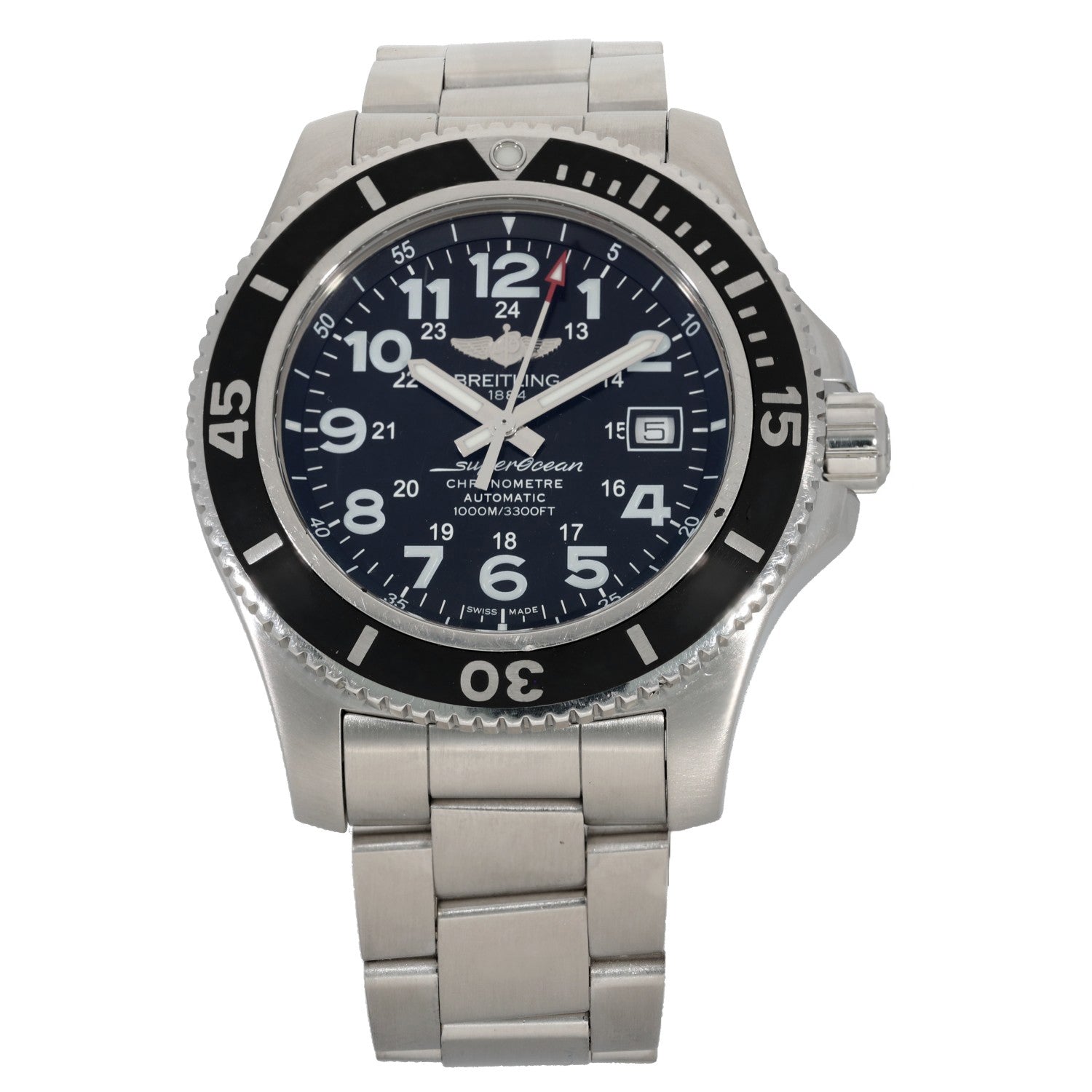 Breitling Superocean II A17392, stainles steel chronometre watch with black dial and bezel.