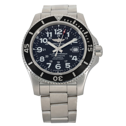 Breitling Superocean II A17392, stainles steel chronometre watch with black dial and bezel.