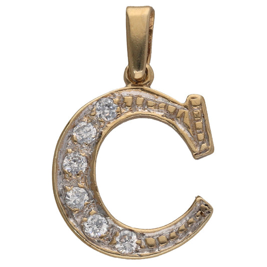 Gold initial pendant with CZ stones forming letter C, gold-tone bail