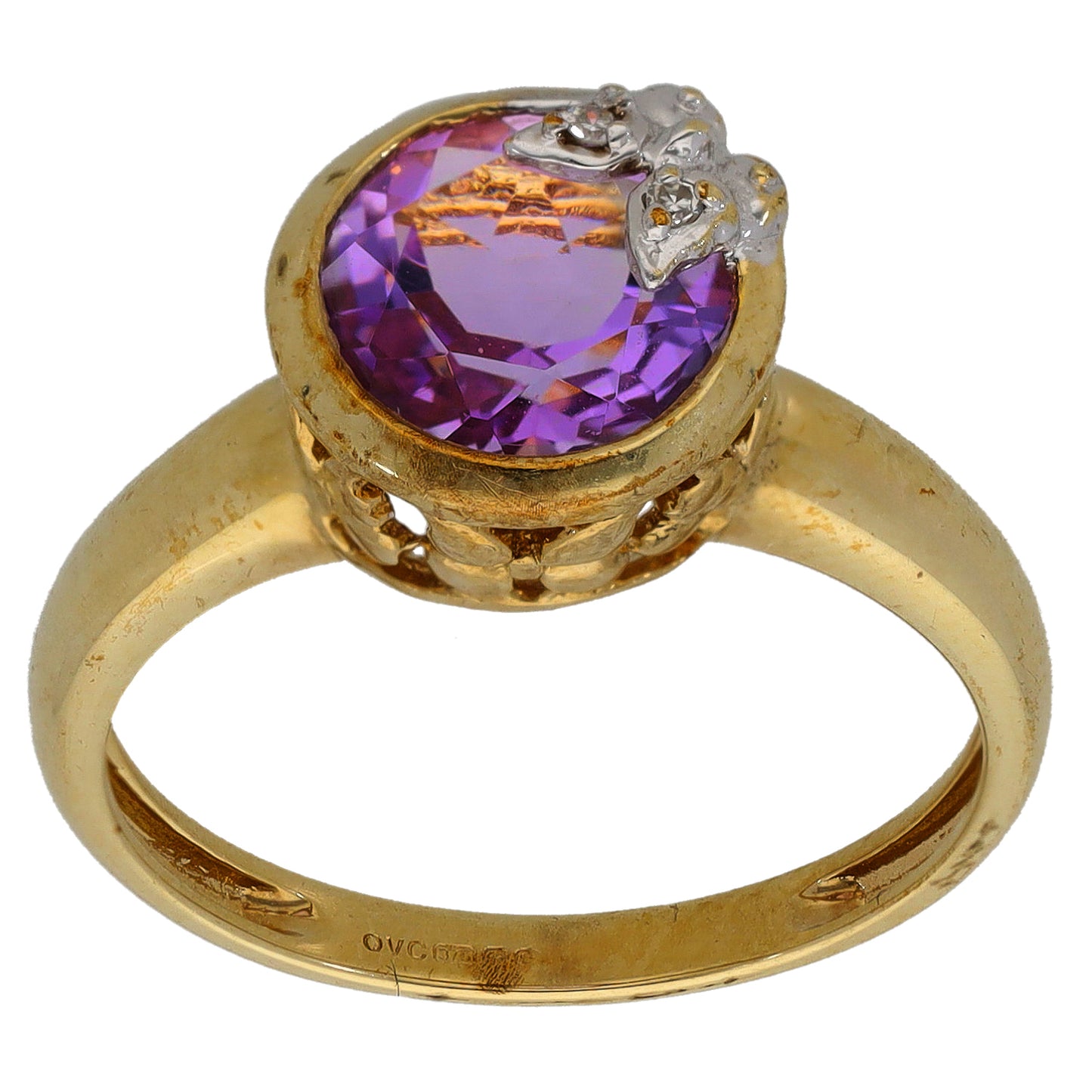 9ct Gold Amethyst & 0.01ct Diamond Dress/Cocktail Ring Size M
