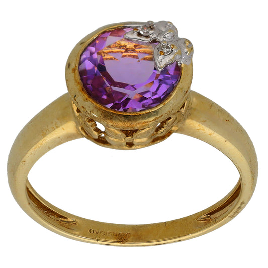 9ct Gold Amethyst & 0.01ct Diamond Dress/Cocktail Ring Size M