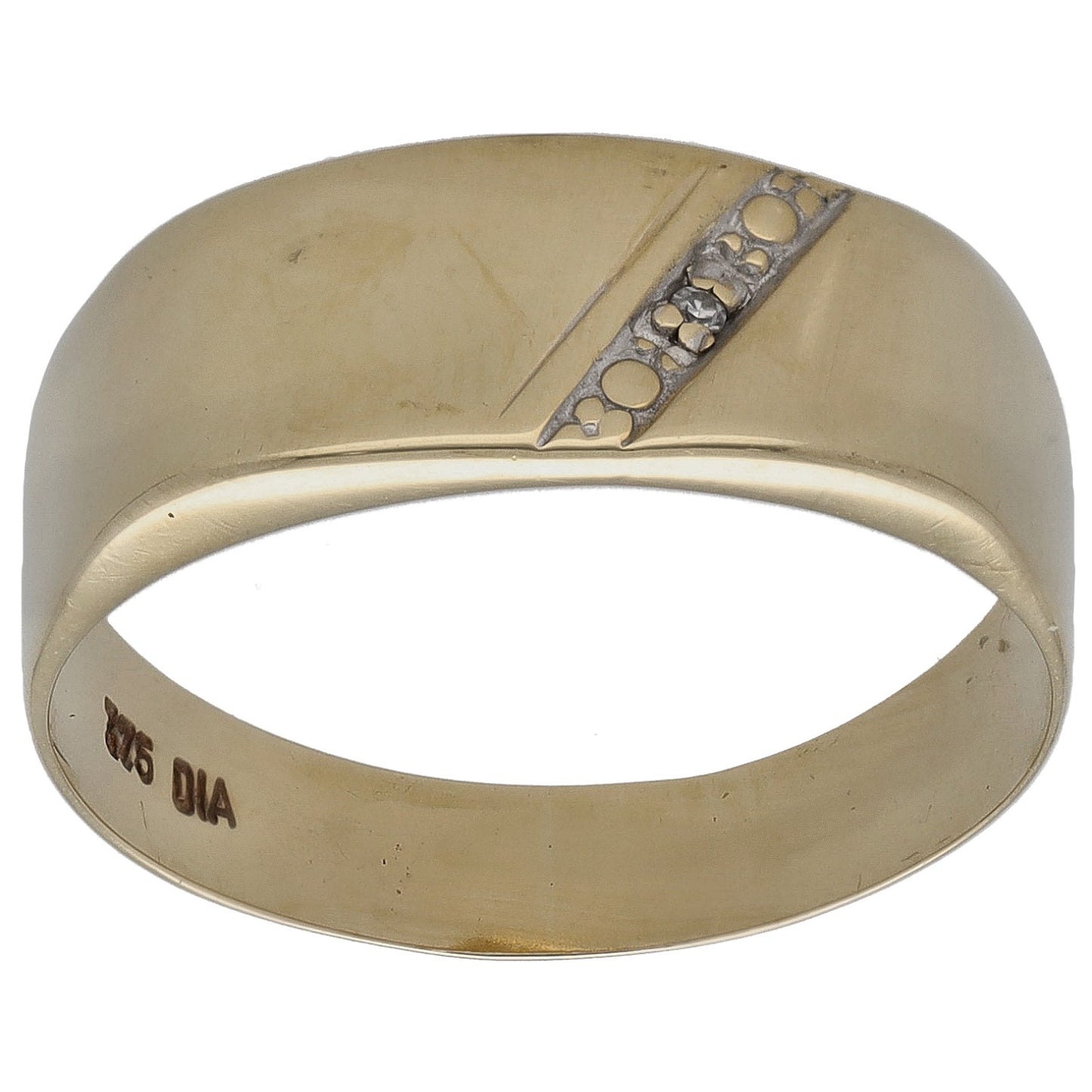 9ct gold signet ring with small round diamonds on top band, engraved inside