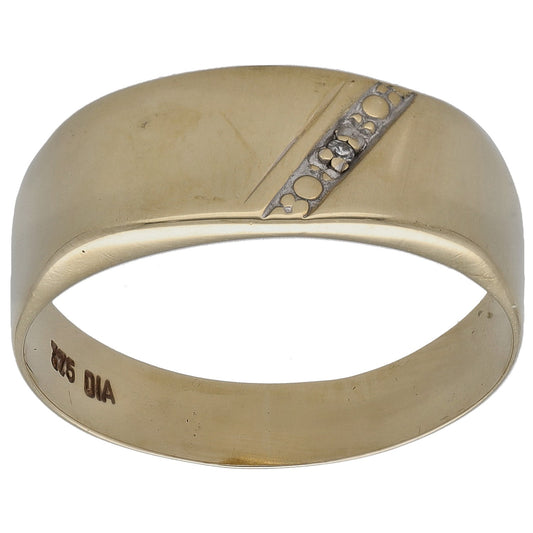 9ct gold signet ring with small round diamonds on top band, engraved inside