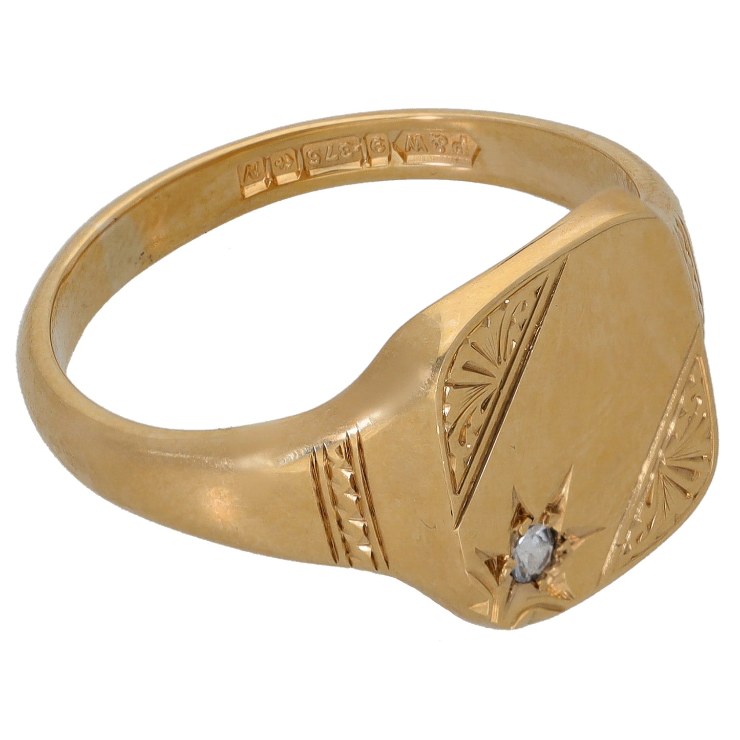 9ct Gold Cubic Zirconia Patterned Single Stone Signet Ring Size V