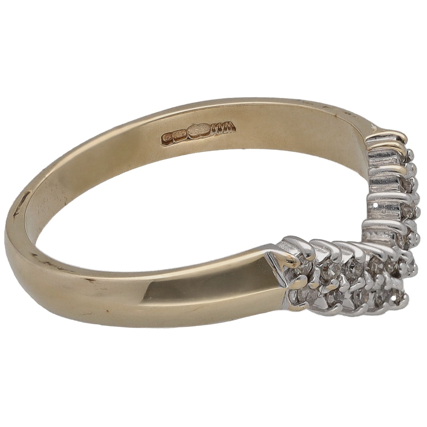 Gold wishbone ring with round diamond cluster on the side, prong-set