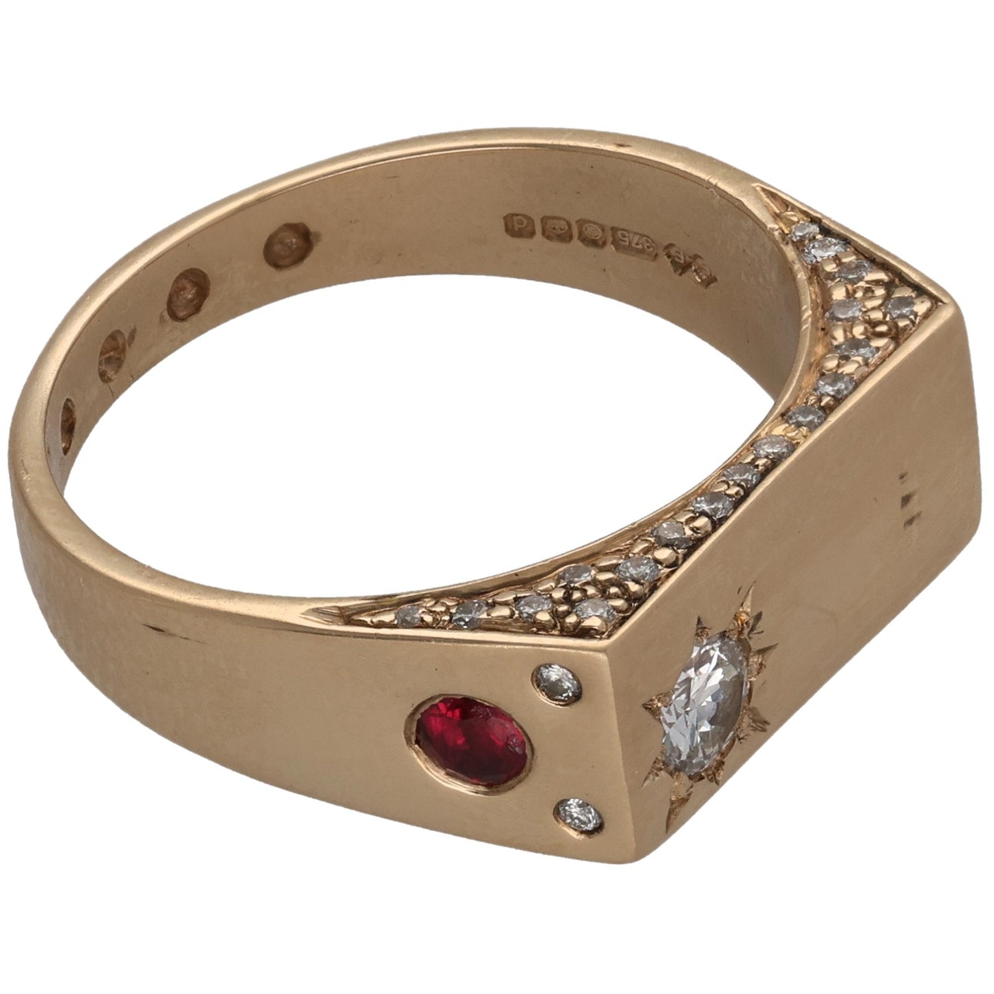 9ct gold signet ring with oval red ruby, channel-set diamonds, and two round diamond accents