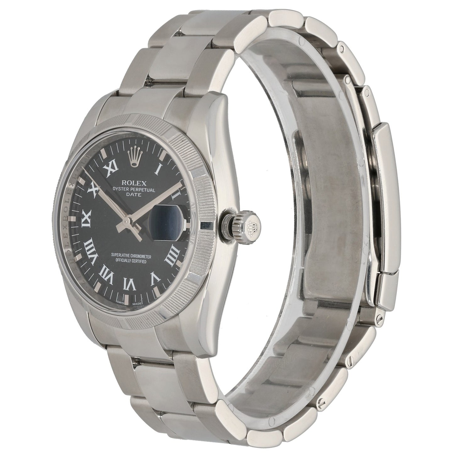 Rolex Datejust 115210 Stainless steel wristwatch angled side view with dark dial and date window