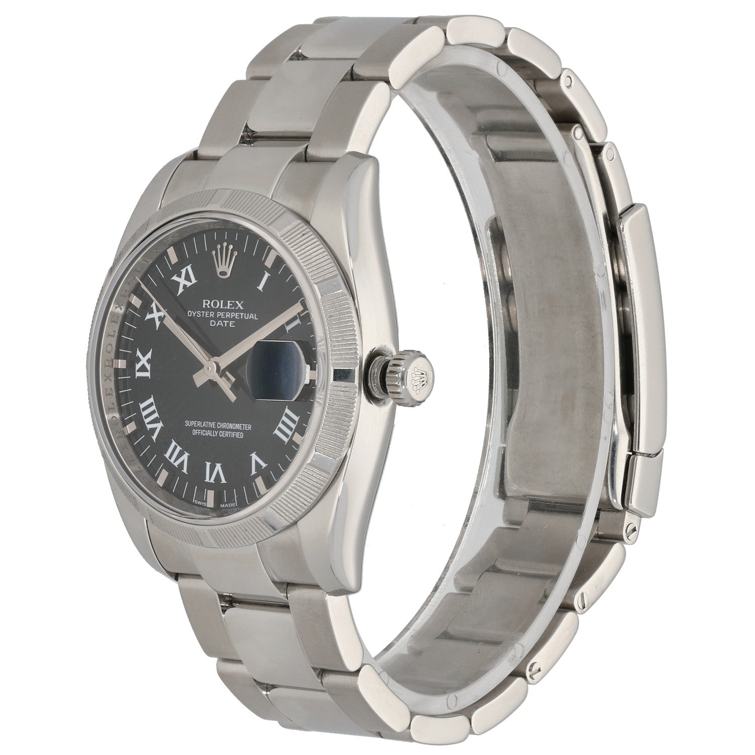 Rolex Datejust 115210 Stainless steel wristwatch angled side view with dark dial and date window