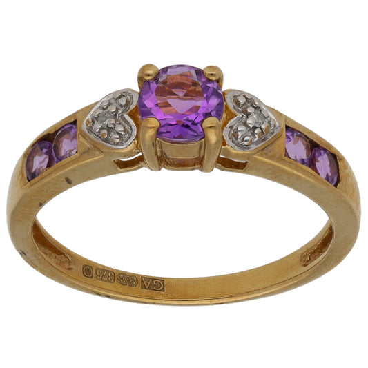 9ct Gold Amethyst & 0.01ct Diamond Dress/Cocktail Ring Size N