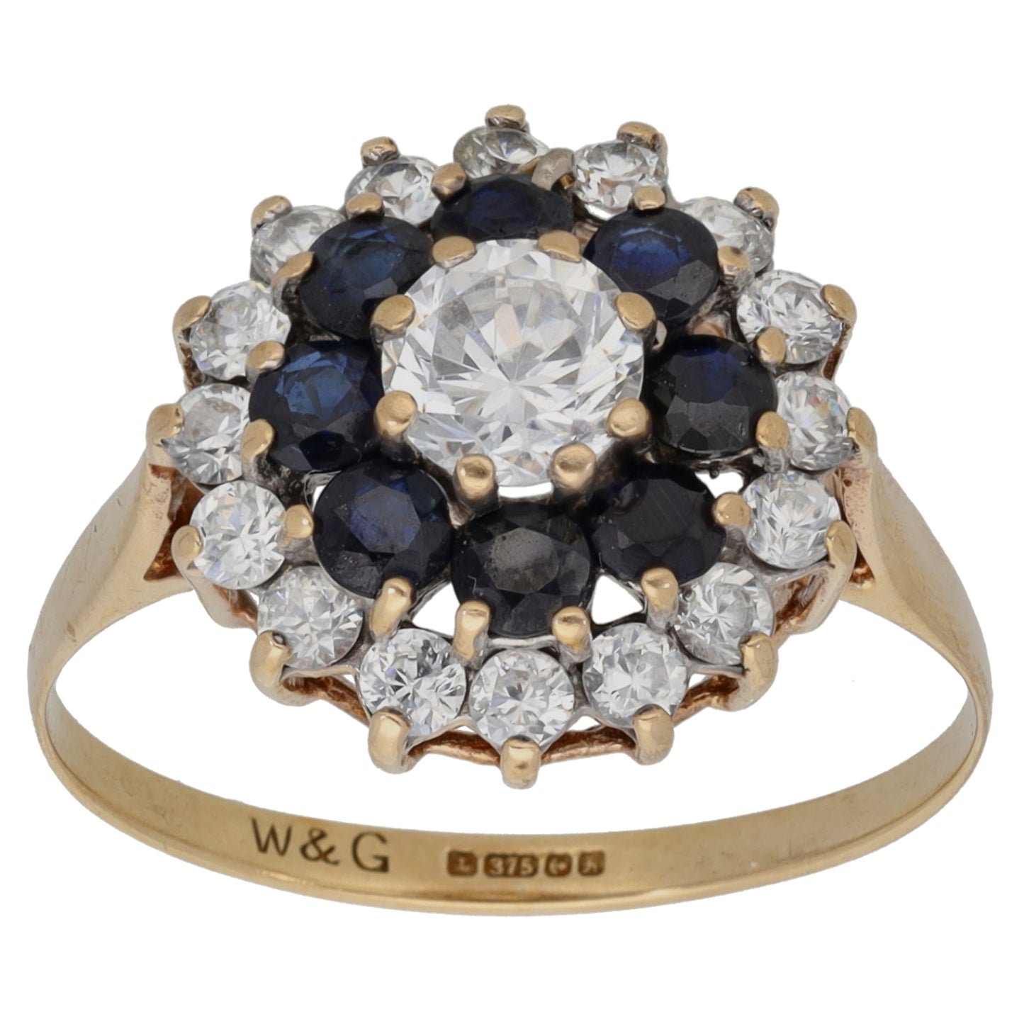 9ct Gold Sapphire & Cubic Zirconia Cluster Ring Size Q