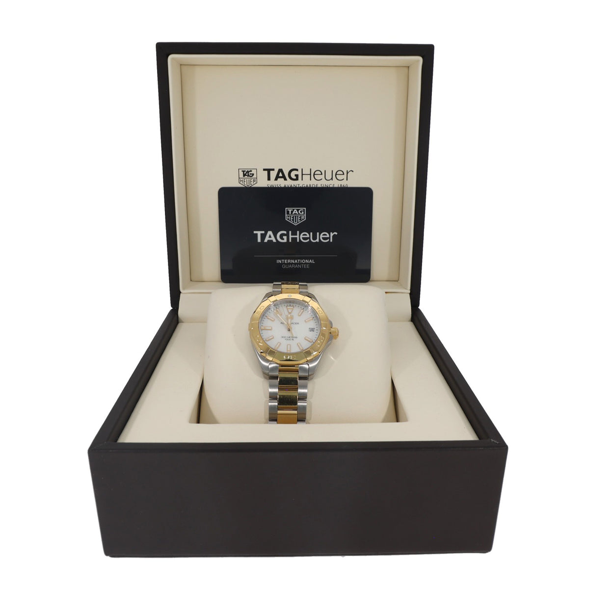 Tag Heuer Aquaracer WBD1320, white Mother of Pearl dial inside 32mm stainless steel and gold case and bracelet, box image