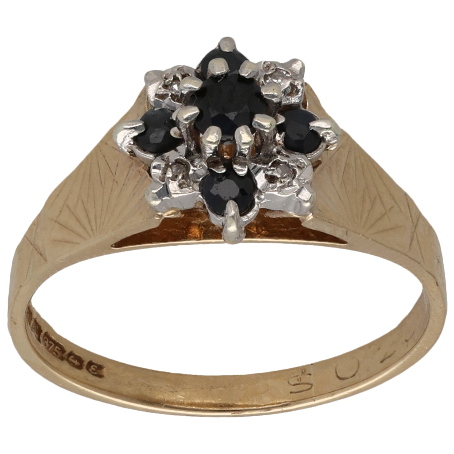 9ct Gold Sapphire & 0.02ct Diamond Cluster Ring Size M