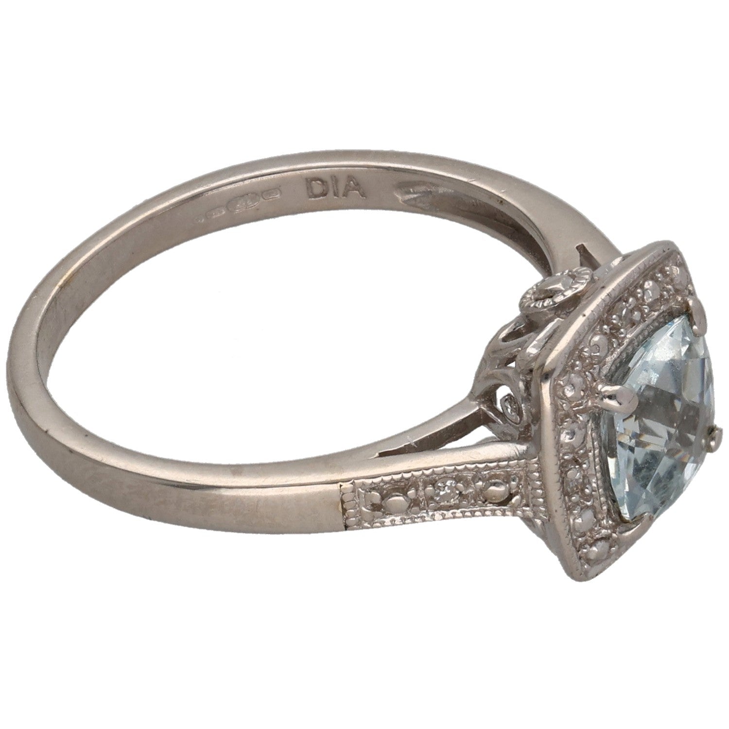 White gold aquamarine ring with split shoulders and diamond side accents, size M