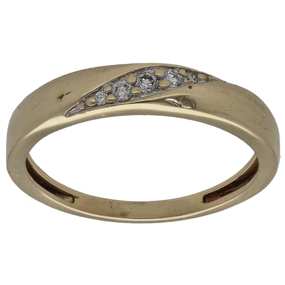 Yellow gold wedding ring with patterned row of round diamond accents across top