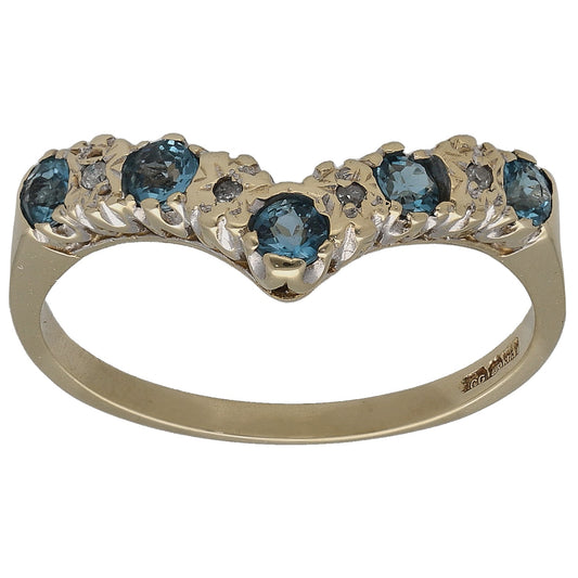Wishbone gold ring with round blue topaz and small round diamonds across the band