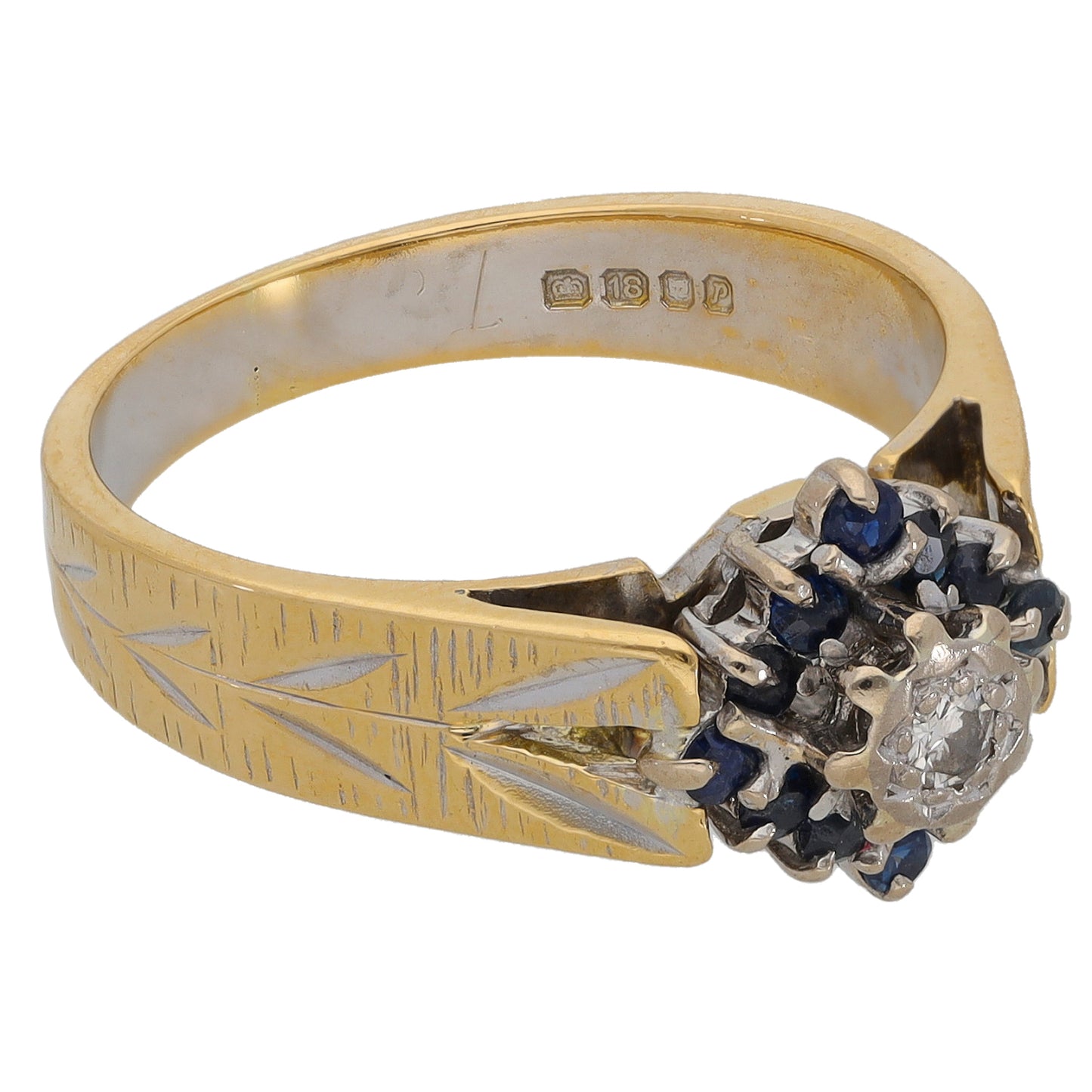 18ct Bi-Colour Gold Sapphire & 0.05ct Diamond Cluster Ring Size N