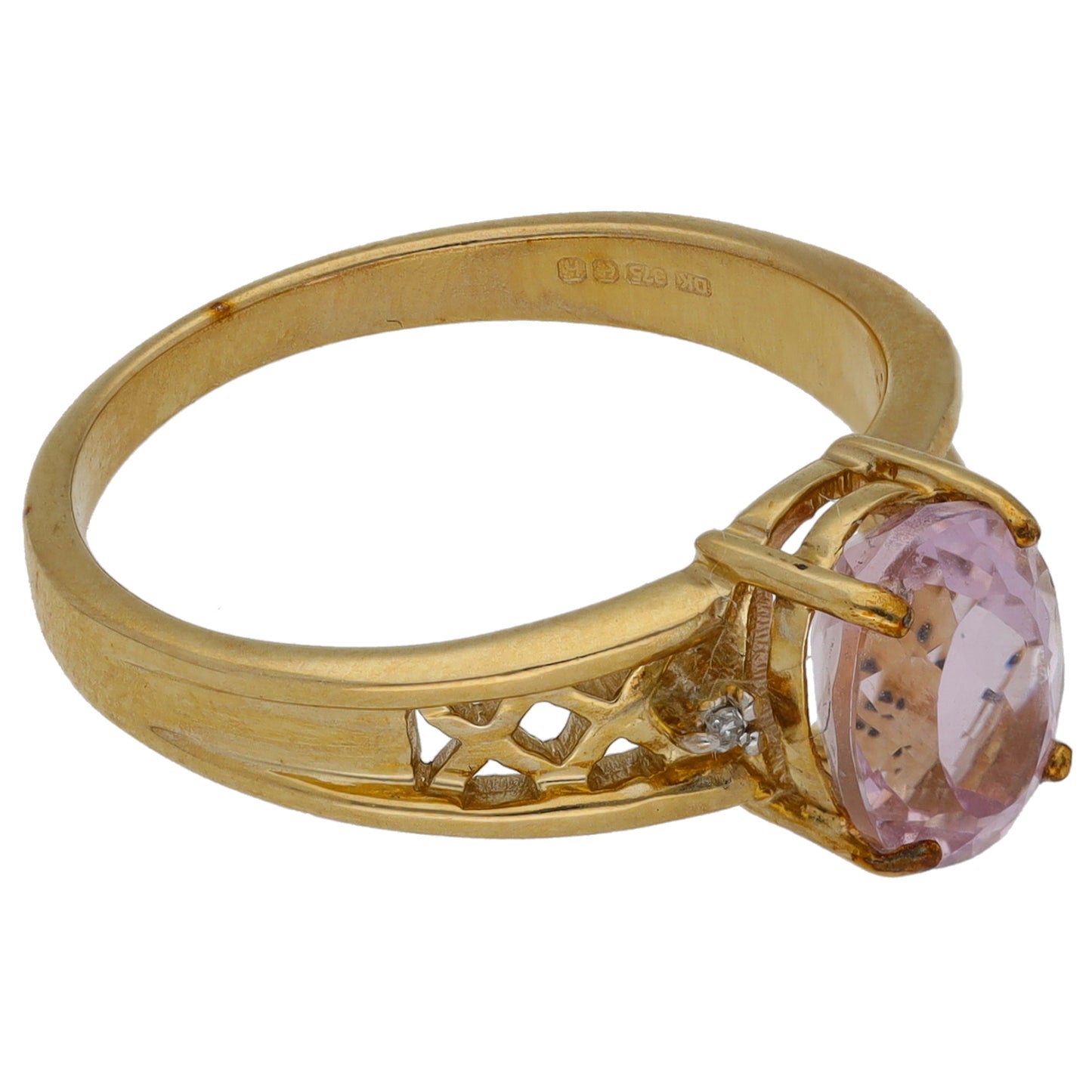 9ct Gold Kunzite & 0.05ct Diamond Single Stone Ring with Accent Stones Size N