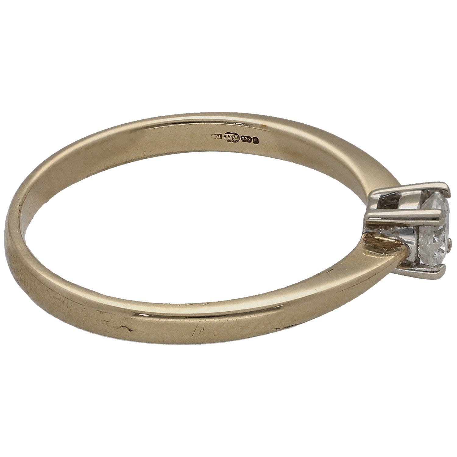 9ct gold solitaire ring profile with round diamond and four prongs, hallmark
