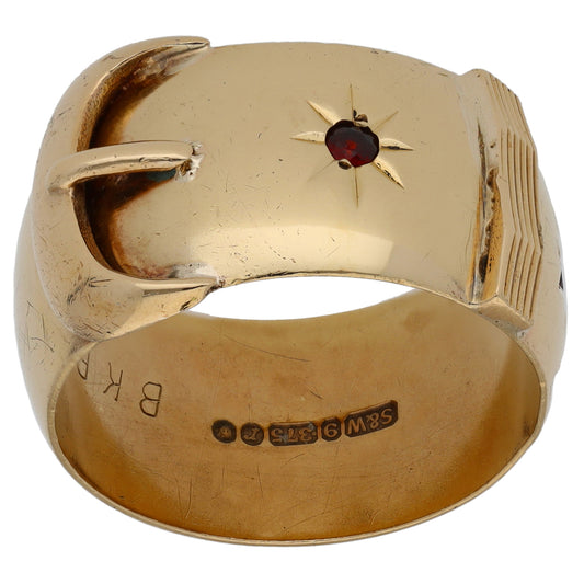 9ct Gold Garnet Single Stone Buckle Ring Size U