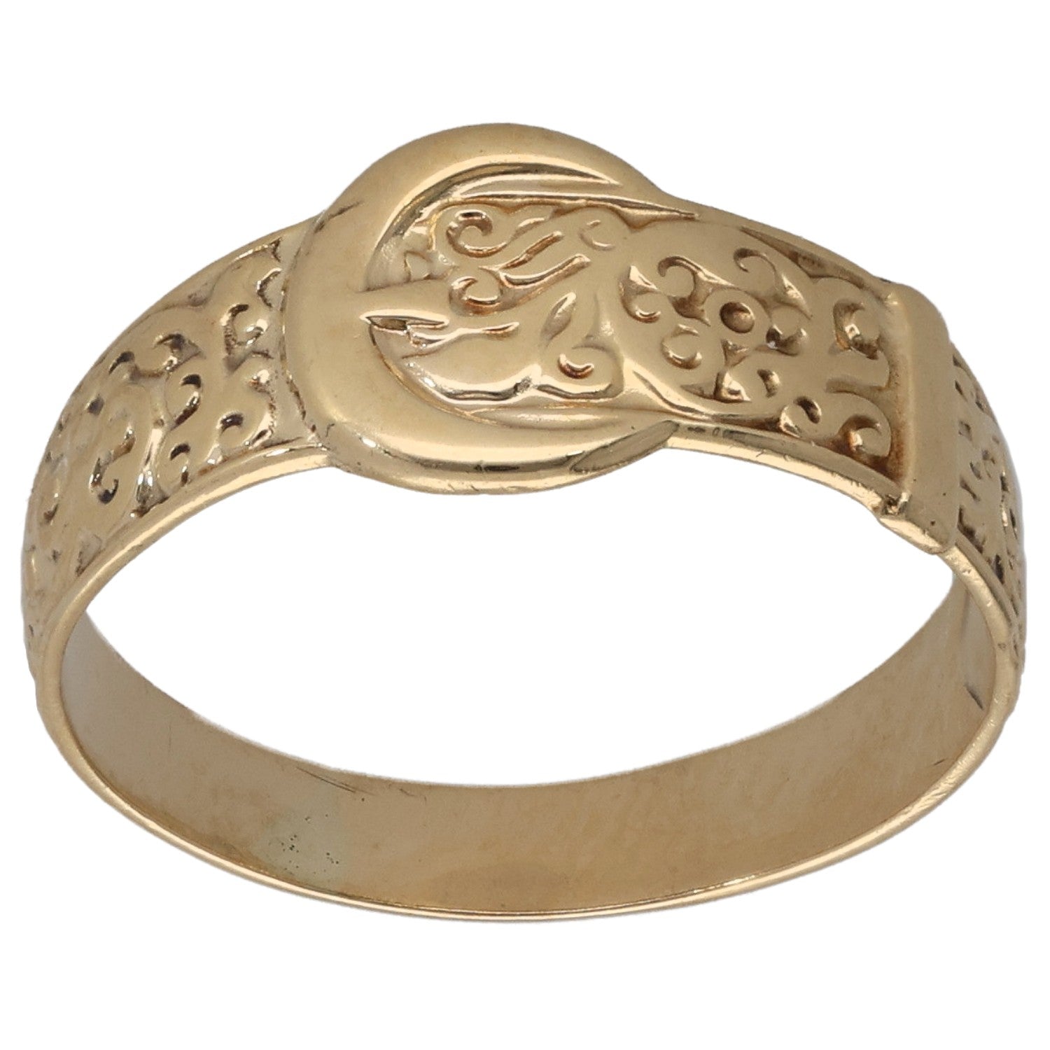 9ct gold buckle-style ring with ornate filigree detail on polished band