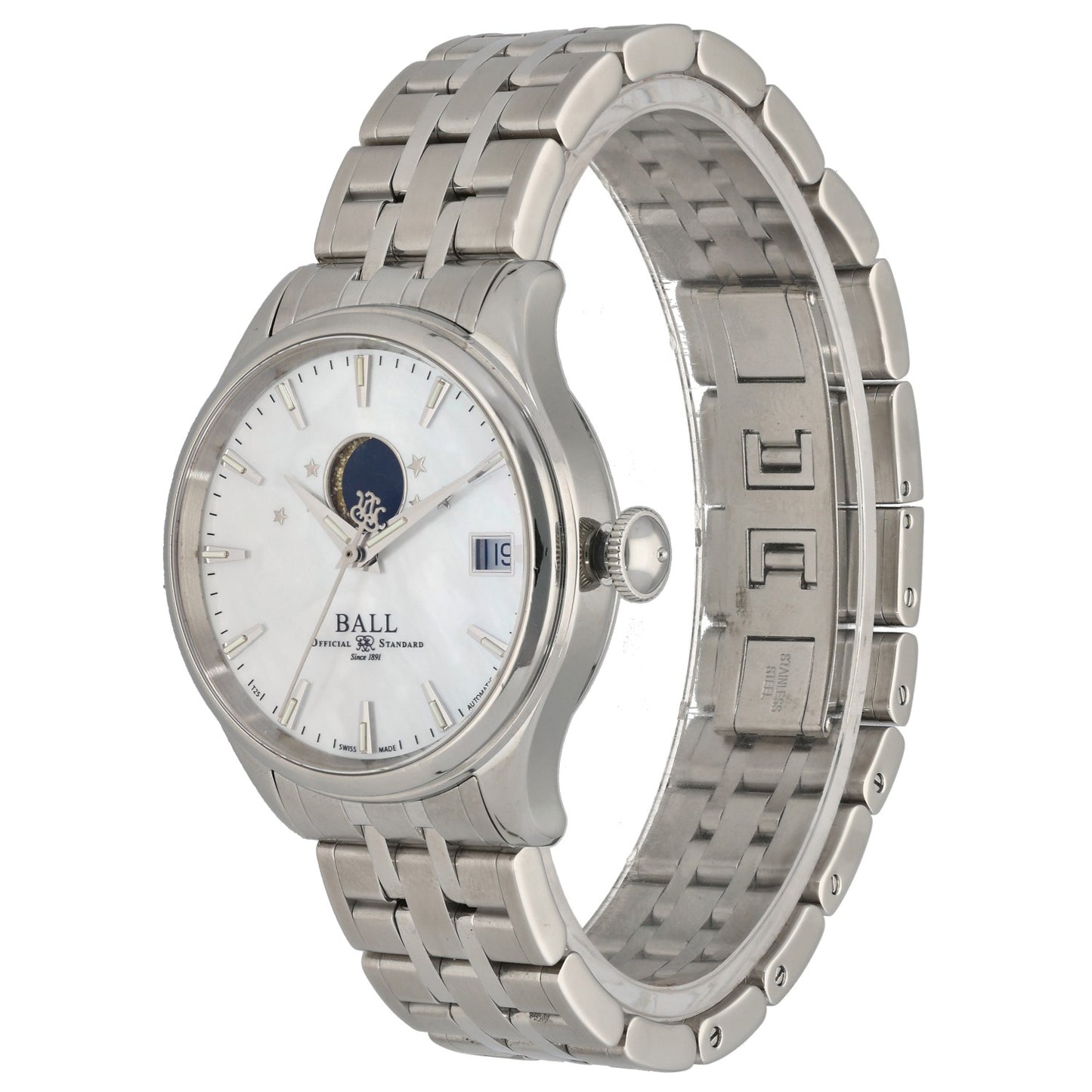 Ball Trainmaster Moonphase NL3082D, Mother of Pearl dial inside 34mm stainless steel case, front three quarter image
