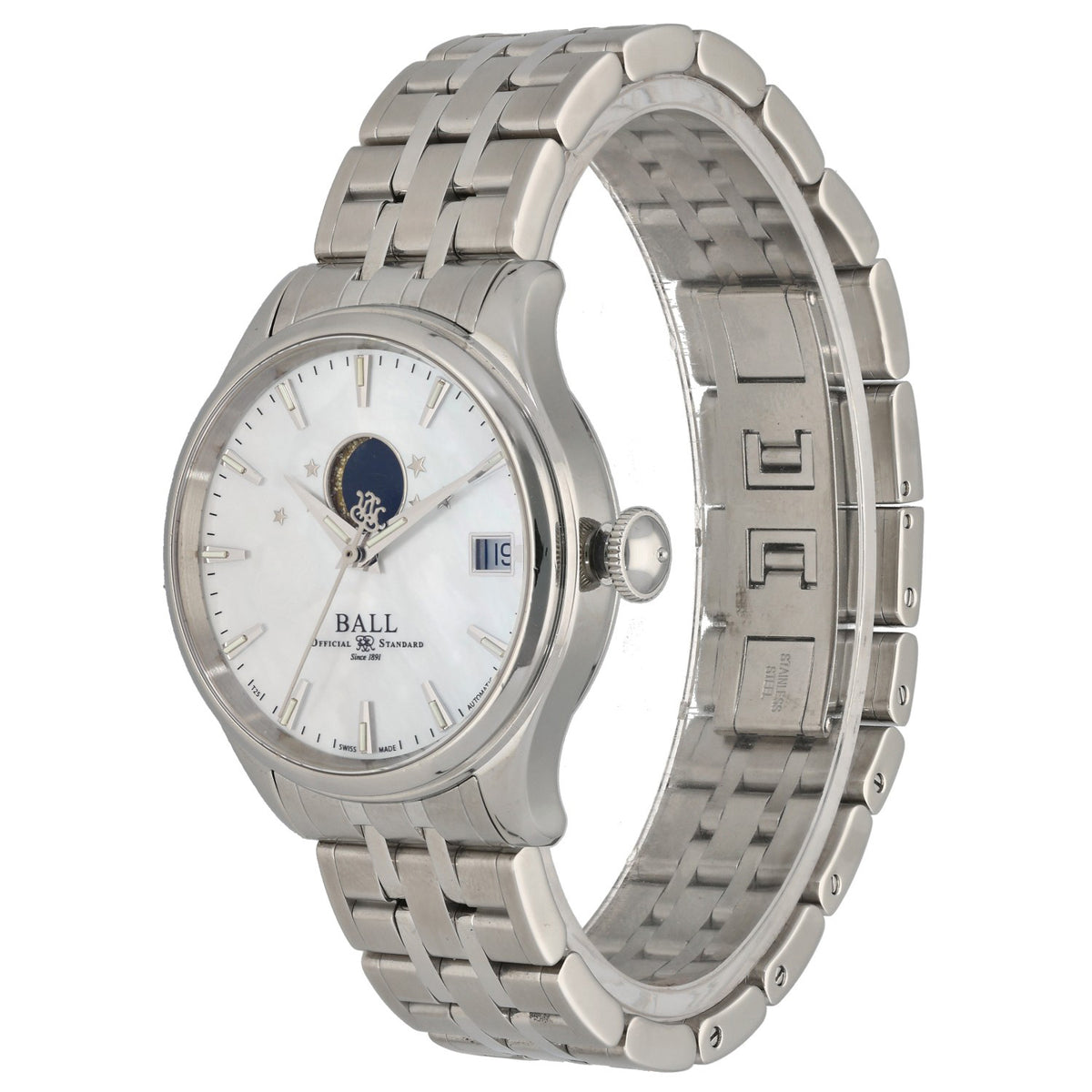 Ball Trainmaster Moonphase NL3082D, Mother of Pearl dial inside 34mm stainless steel case, front three quarter image
