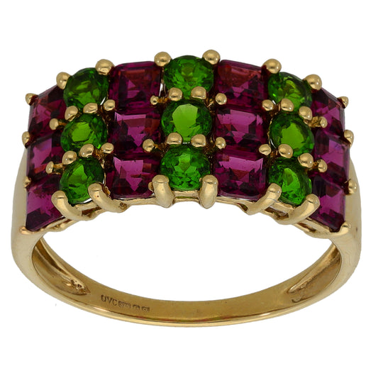 9ct Gold Garnet & Diopside Dress/Cocktail Ring Size R