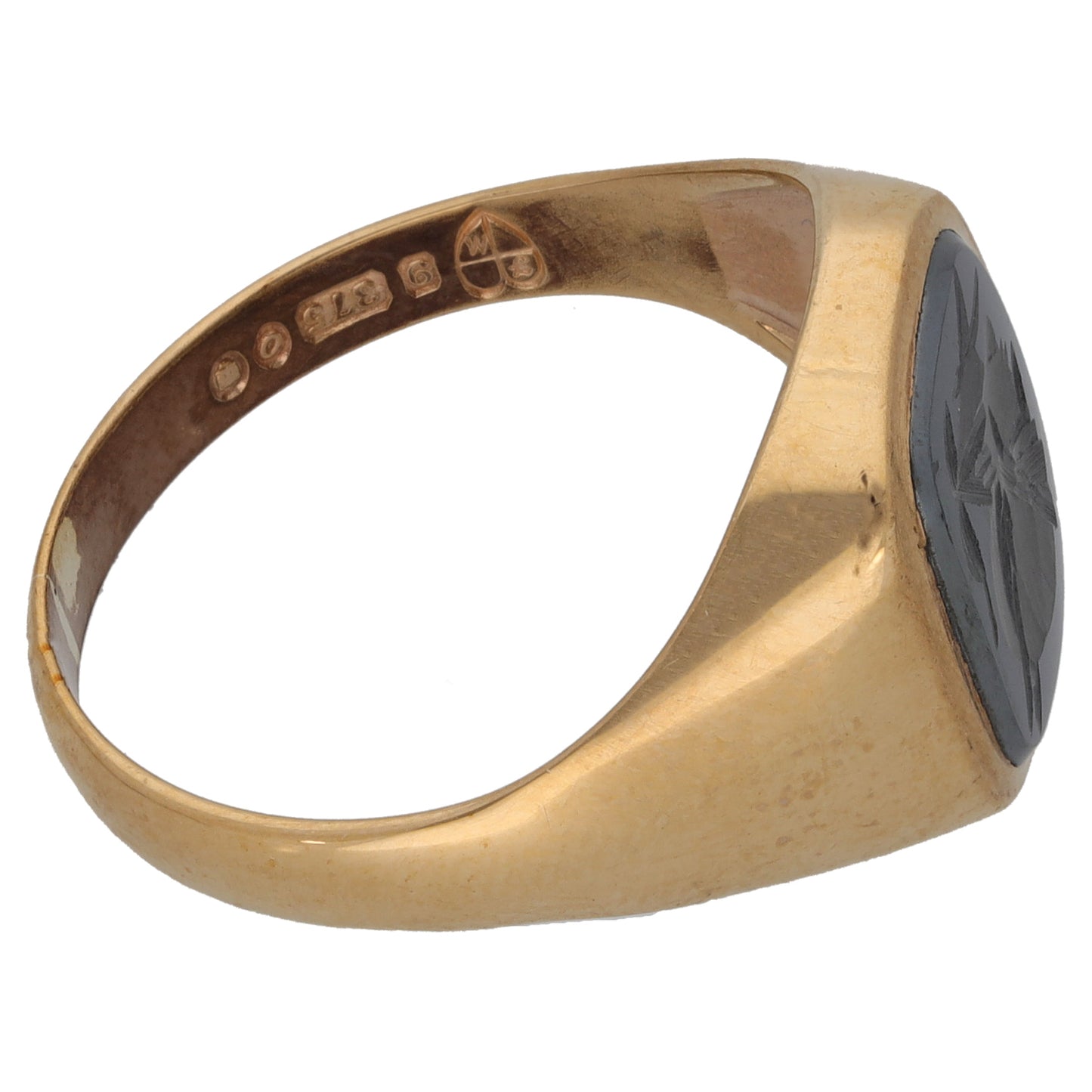9ct Gold Hematite Crest/Emblem Single Stone Signet Ring Size U