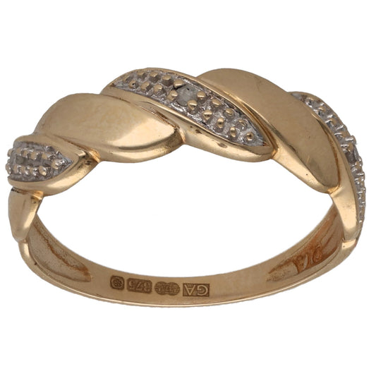 9ct gold diamond dress ring with textured leaf design