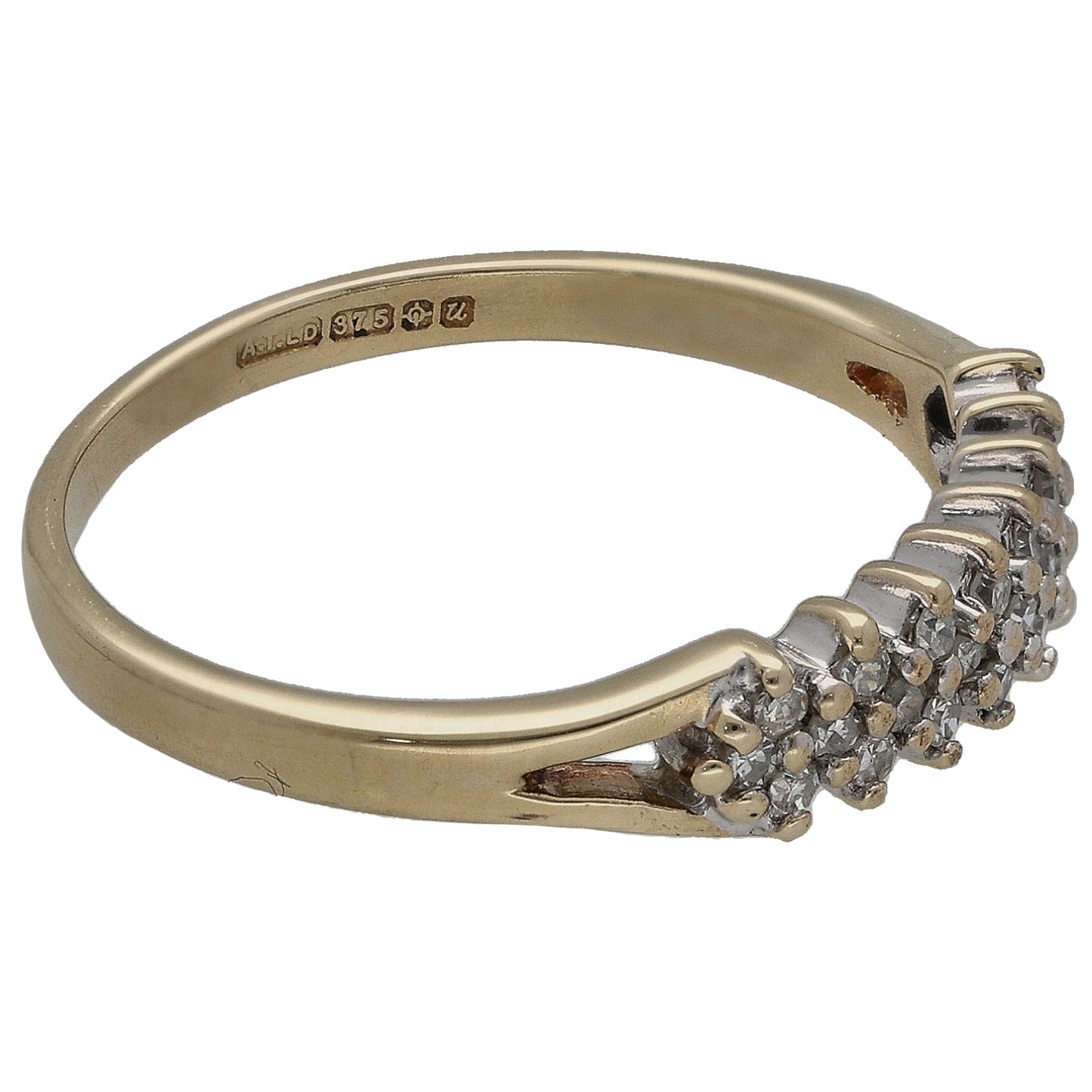 9ct gold ring side view, cluster of round diamonds on the shoulder, size M