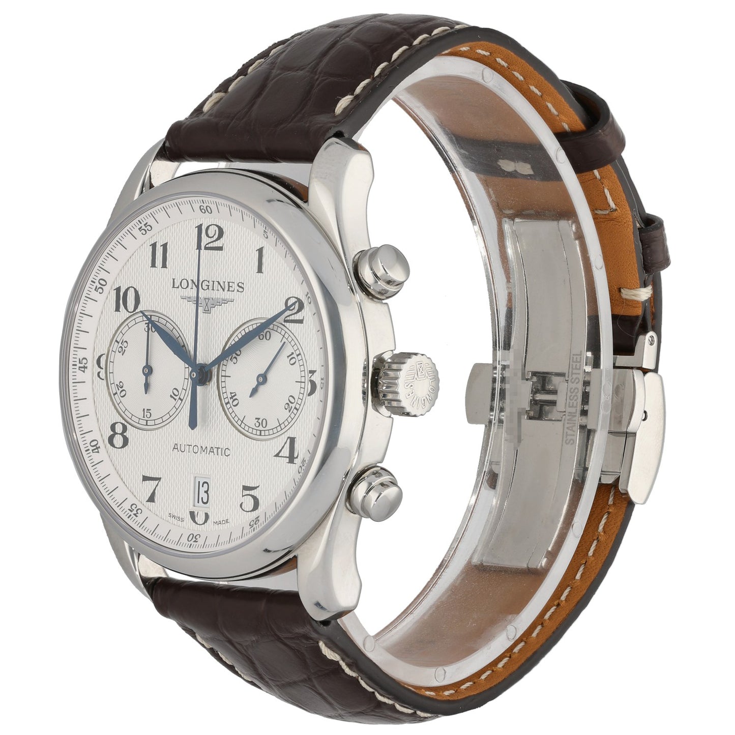 Longines Master Collection L2.629.4 Stainless steel wristwatch side view with white dial and brown leather strap