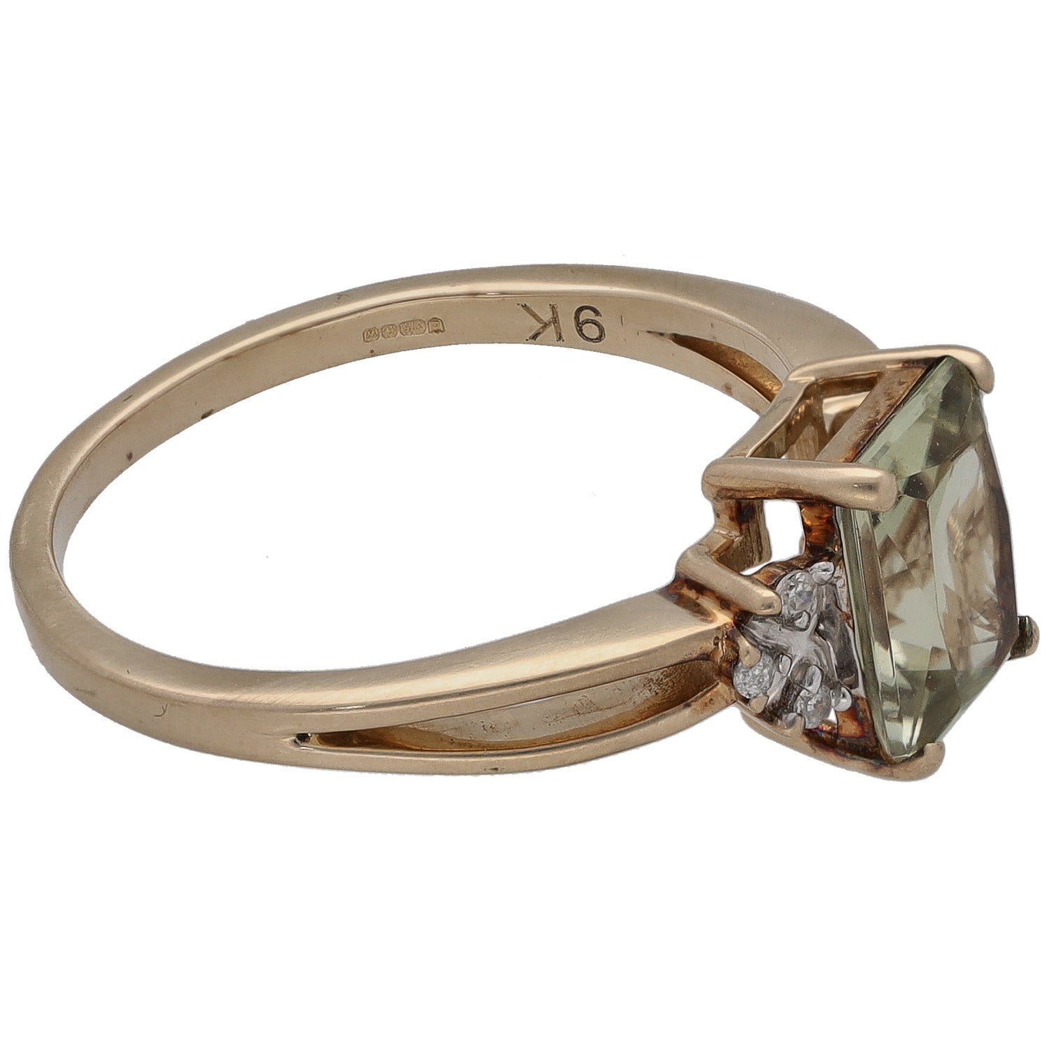 9ct gold ring side view, engraved N6, with square light green stone and diamond accents